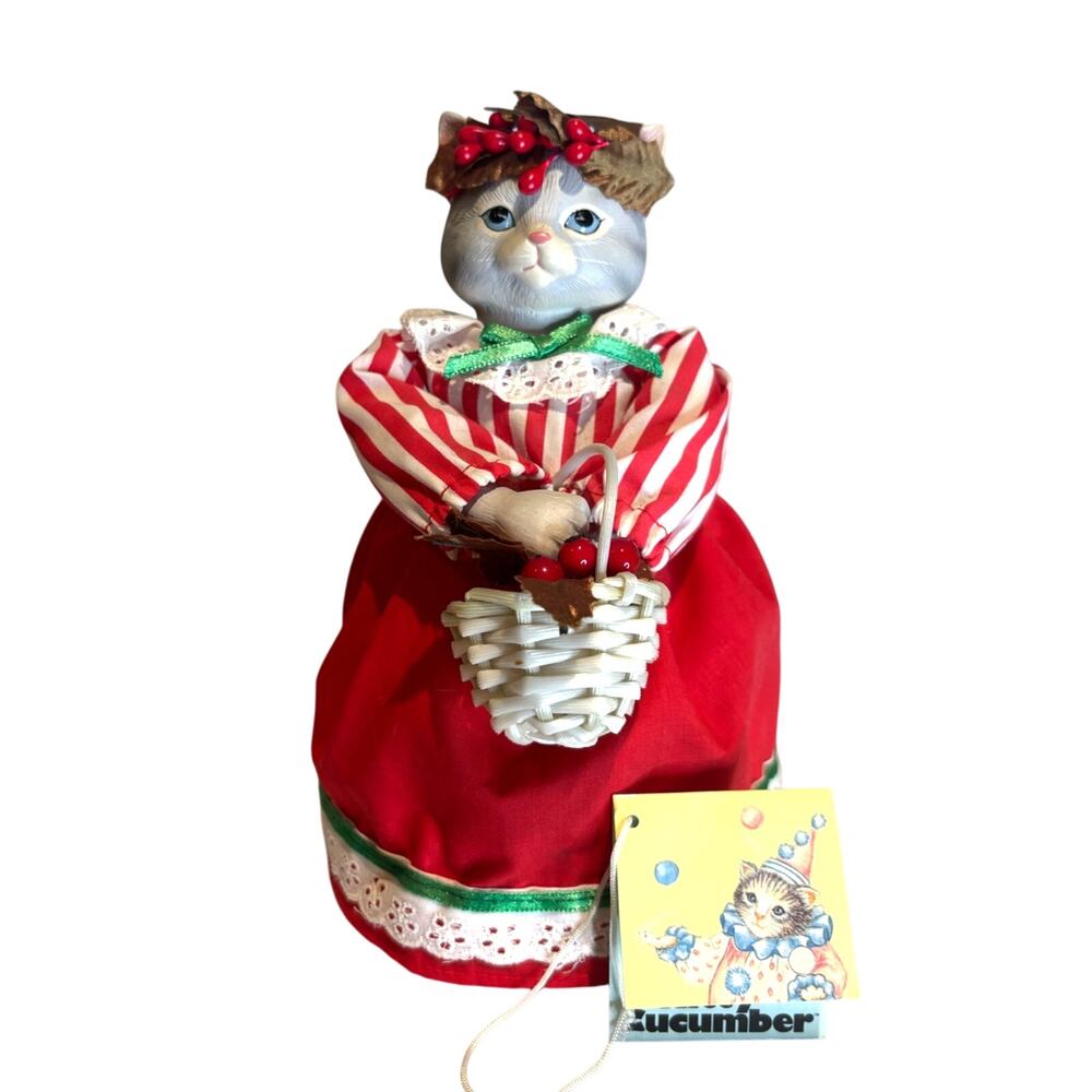 VTG Kitty Cucumber Christmas Cat Twirling Music Box Doll, Schmid, B. Shackman